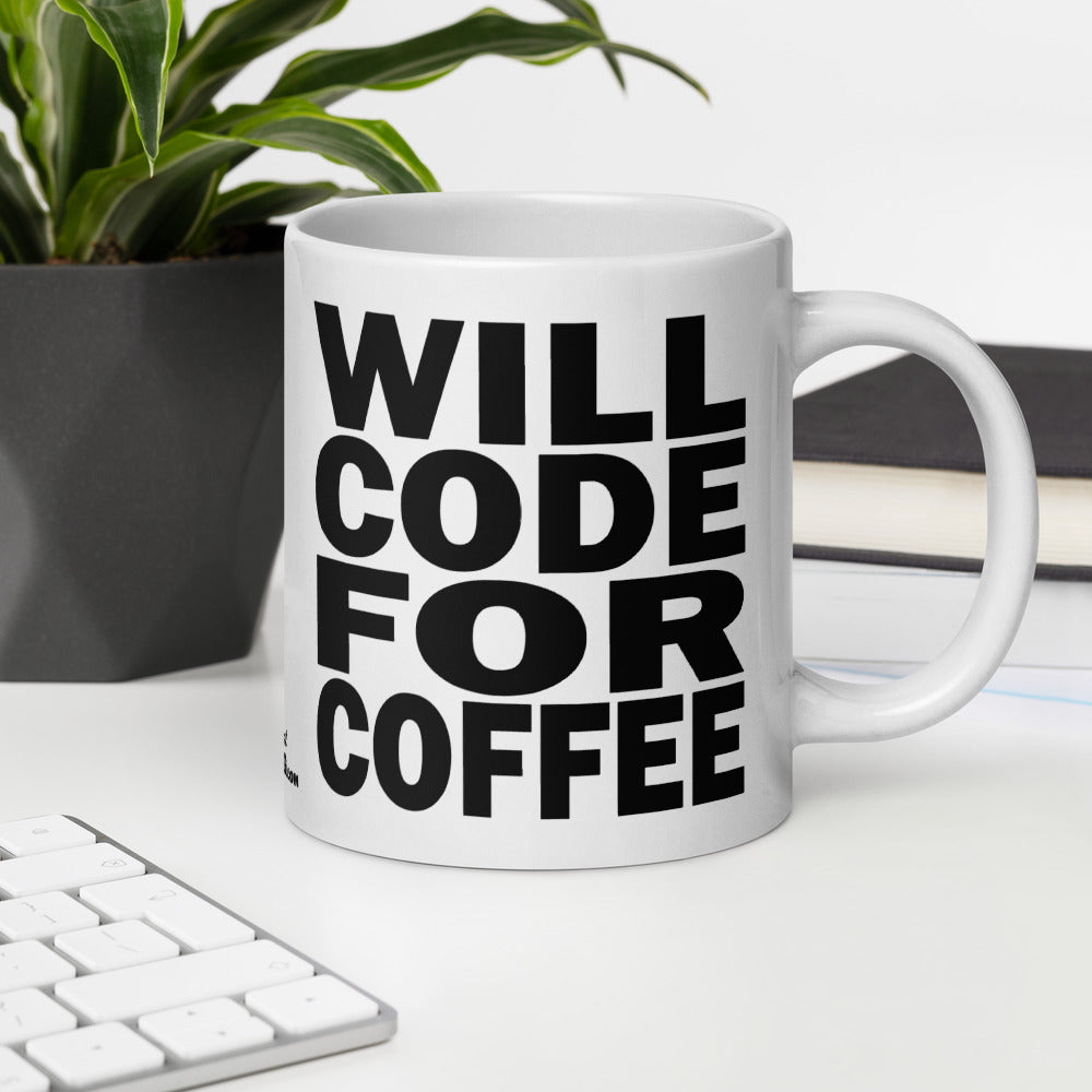 WILL CODE FOR COFFEE - 20 oz White Glossy Mug